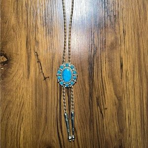 Vintage Bolo Slider Necklace FauxTurquoise Nickel SilverBell Western Braided.